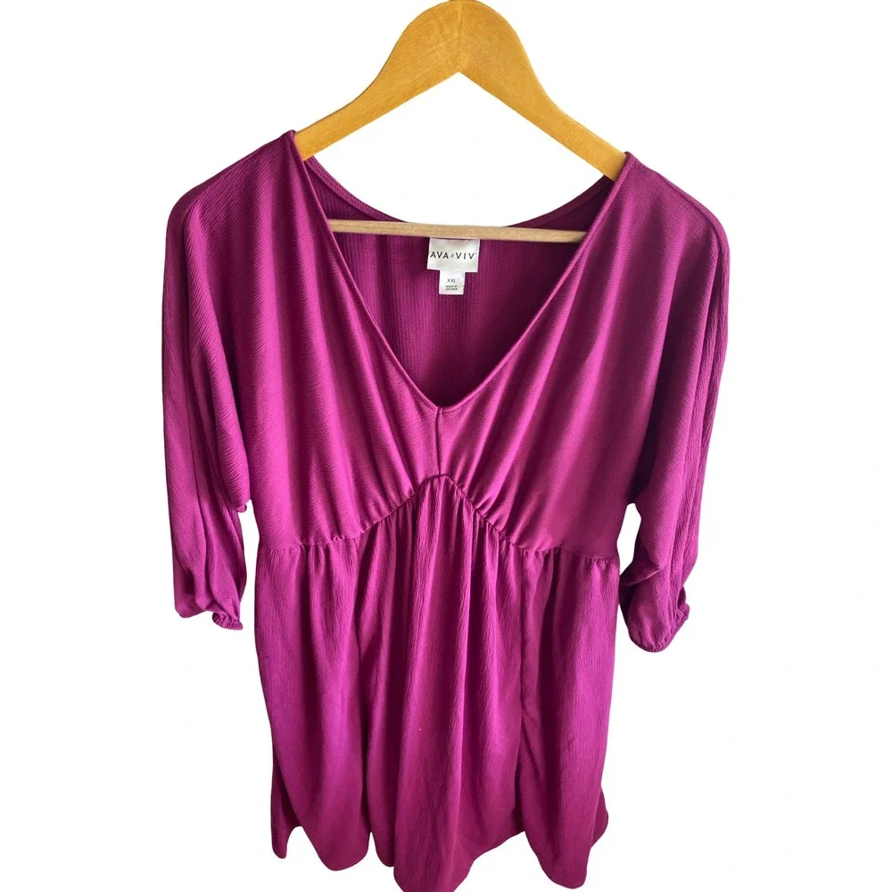 Ava & Viv Womens XXL Magenta Pink V-Neck Empire Waist 3/4 Sleeve Textured Dress - Picture 5 of 9